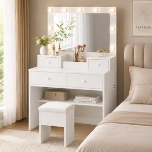 【Deals For You Days】DAYAGO Modern Mirrored Dressing Table Set with Adjustable LED Lights, 4 Drawers, Power Strip, Storage Chair Stool, White Bedroom Makeup Vanity, Ideal Women's Christmas Gift summerwins