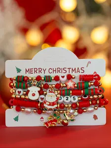 6-Piece Cute Reindeer Bell Letter Charm Soft Clay Stackable Bracelets Set, Festive Christmas Mixed Color Crystal Beads Jewelry Gift