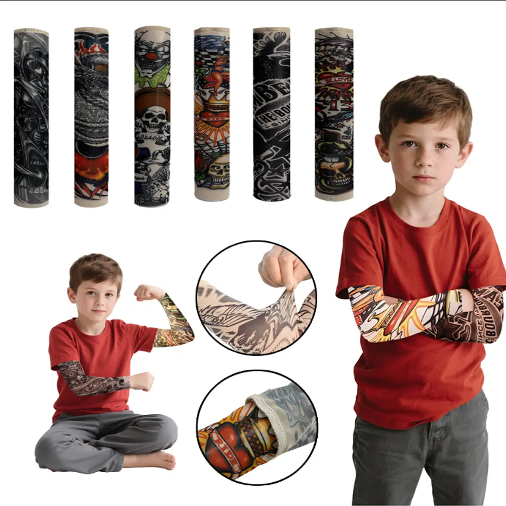 Kids' Nylon Blend Arm Sleeve Tattoos, 6-Pack Slip-On Sun Protection Covers with Snake Prints for Outdoor Fun & Parties, Stretch-Fit Sports & Outdoor Accessories