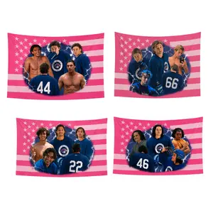 Set of 4 Briar U Hockey Tapestries – Pink USA Flag Background, Ice Hockey Player Collage Wall Decor, College Sports Dorm Room Hanging