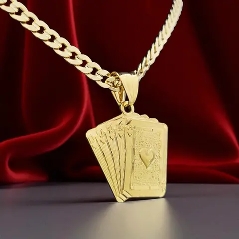 MaxBling81 Men's Brass Gold-Plated Lucky Royal Flush Poker Card Pendant Necklace (30x30mm) with 14K-Stamped 6mm Cuban Link Chain (20in/24in) - Elegant Hip Hop Daily Wear Jewelry, Different from Cheap Material Chain and Link Statement Piece