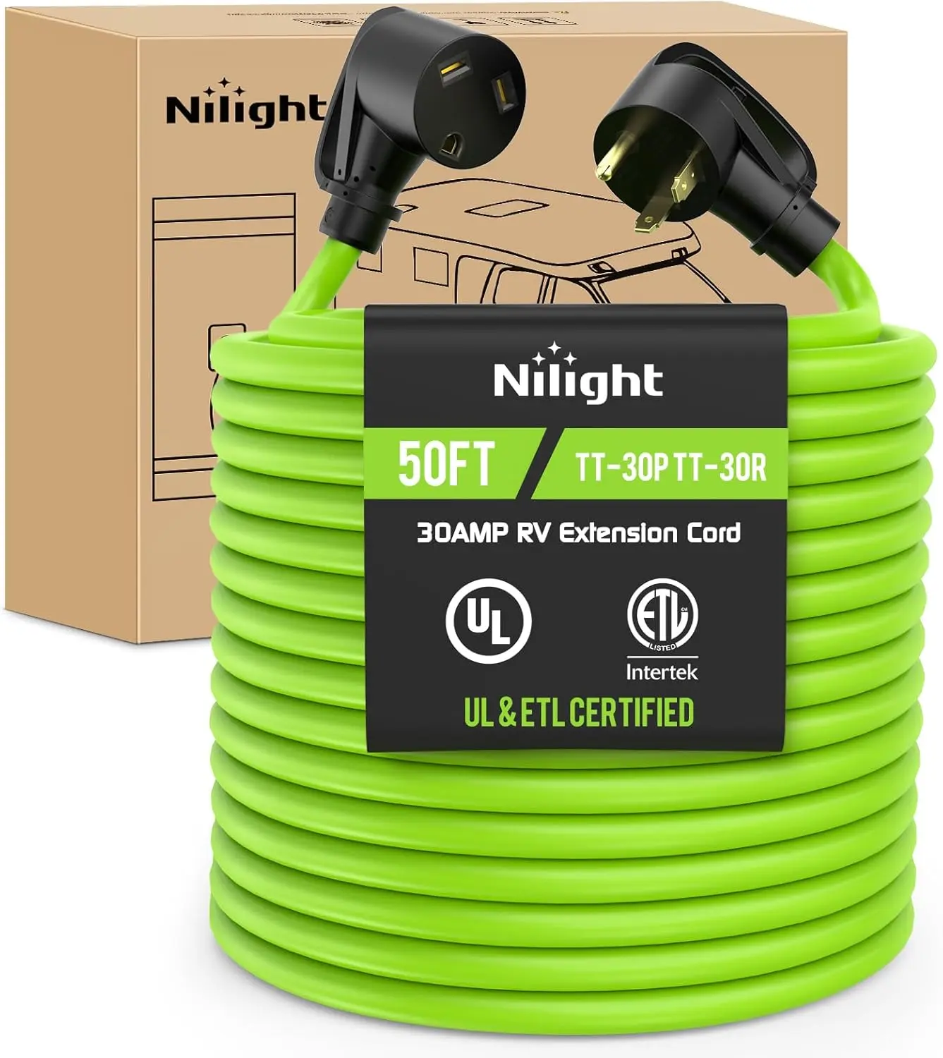 Nilight 50 ft 30A RV Extension Cord - 125V 3750W 10 Gauge Pure Copper Twisted Wire, UL ETL Listed 3-Prong TT-30P/TT-30R, Weatherproof STW Outdoor Power Transfer Cord, Rock/Wind Resistant Rolled Coil for RV Users