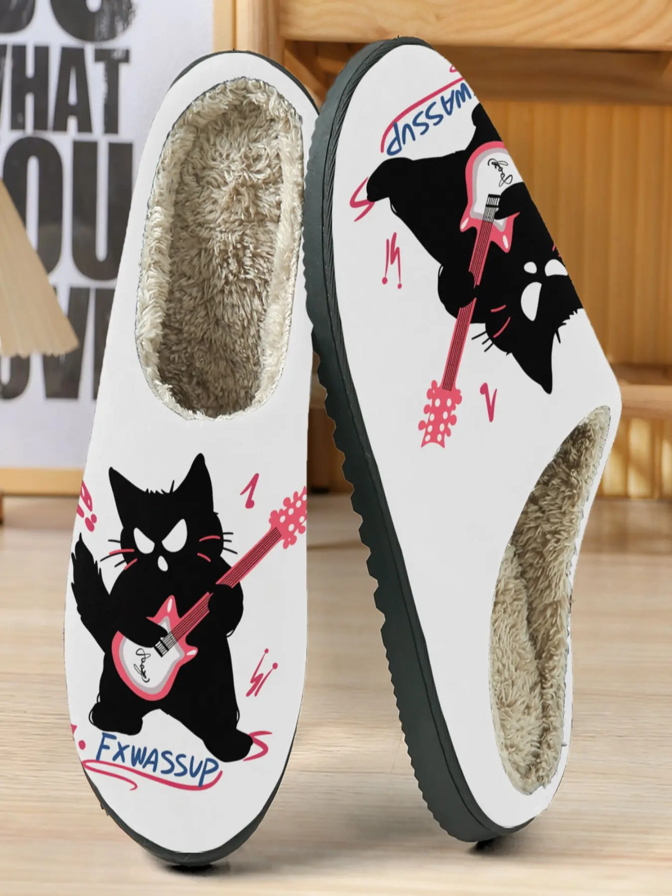 Rock Cat Lover Home Slippers, Guitar Kitty Rock Show Cotton Slippers, Cat Playing Electric Guitar, Warm Fleece Lining, Casual Fall & Winter