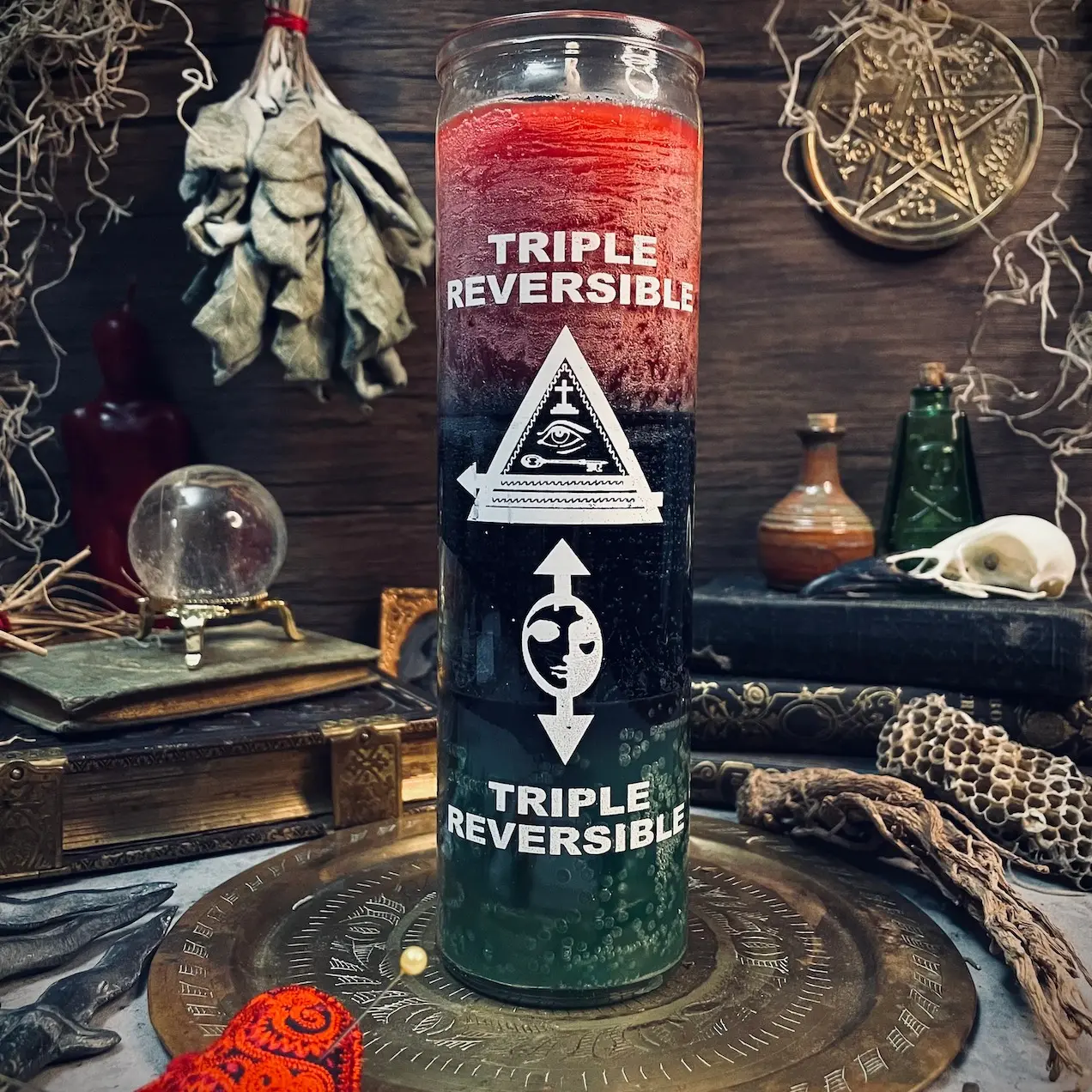 Triple Reversible Candle - Red Black Green 2.5 x 8.125 7-Day Burn Time for Spiritual Warfare & Positive Energy Release - Light
