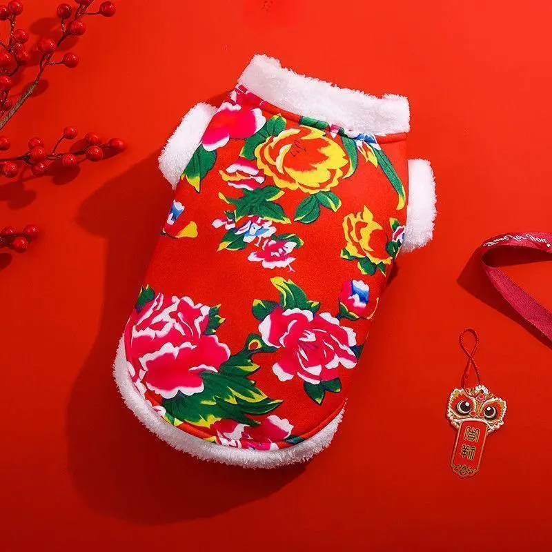 Warm Cat Clothes Festive Floral Cotton Coat Winter New Year Outfit for Kittens Pet Dog Tang Suit Warm Cat Clothes Festive Floral Cotton Coat Winter New Year Outfit for Kittens Pet Dog Tang Suit