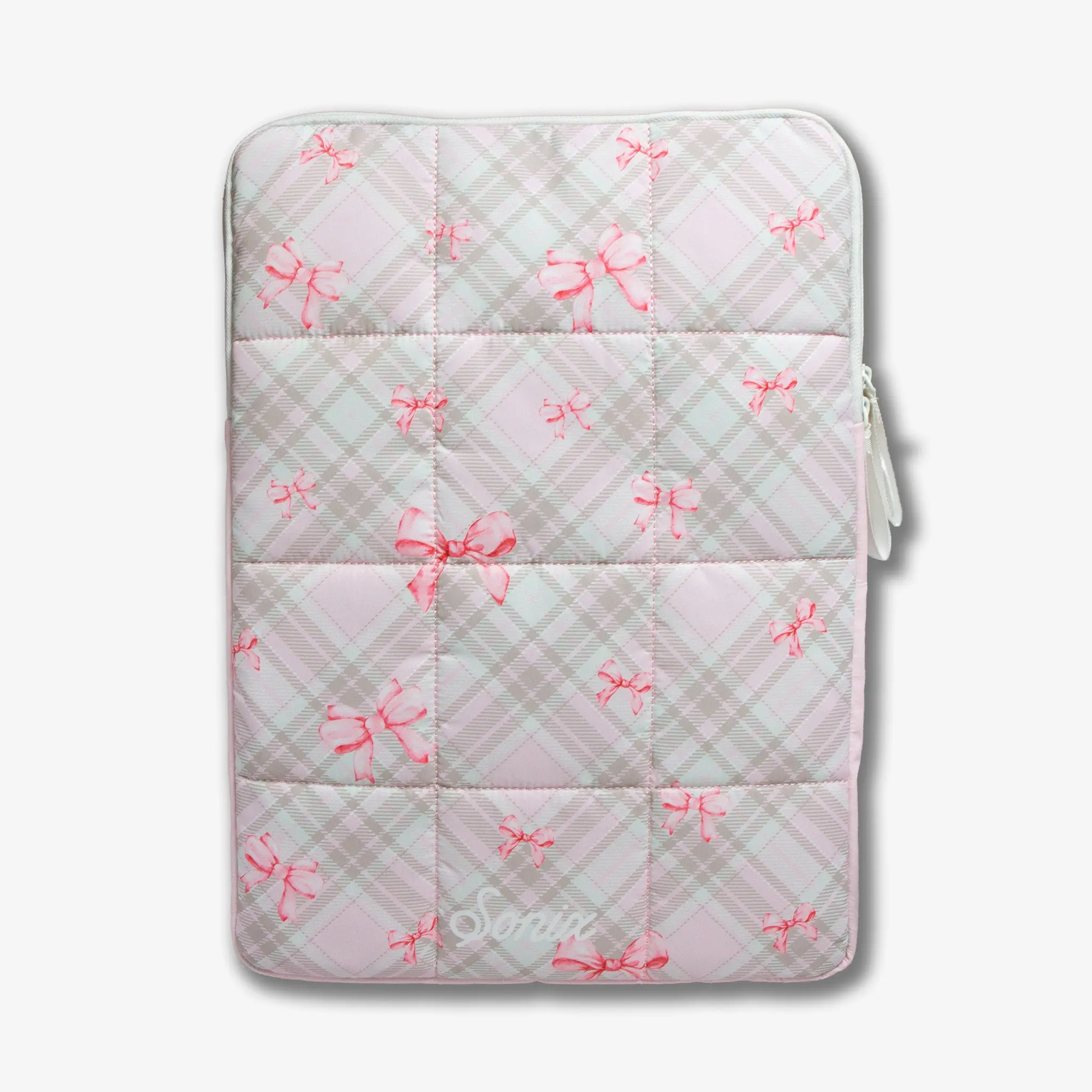 Quilted Puffy Nylon Fabric Laptop Sleeve - Clueless Pink Functional Bag with Padded Protection, Inner Sleeve Pocket, Plaid Design, Quilted Bag, Tablet Sleeve Pouch