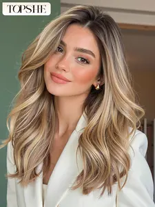 Topshe Mono Lace Front Wig, Glueless Frontal Wig, Ombre Brown Blonde, Synthetic Hair, No Bangs, Fluffy and Puffy, Perfect for Parties and Daily Use, Natural Looking Wig