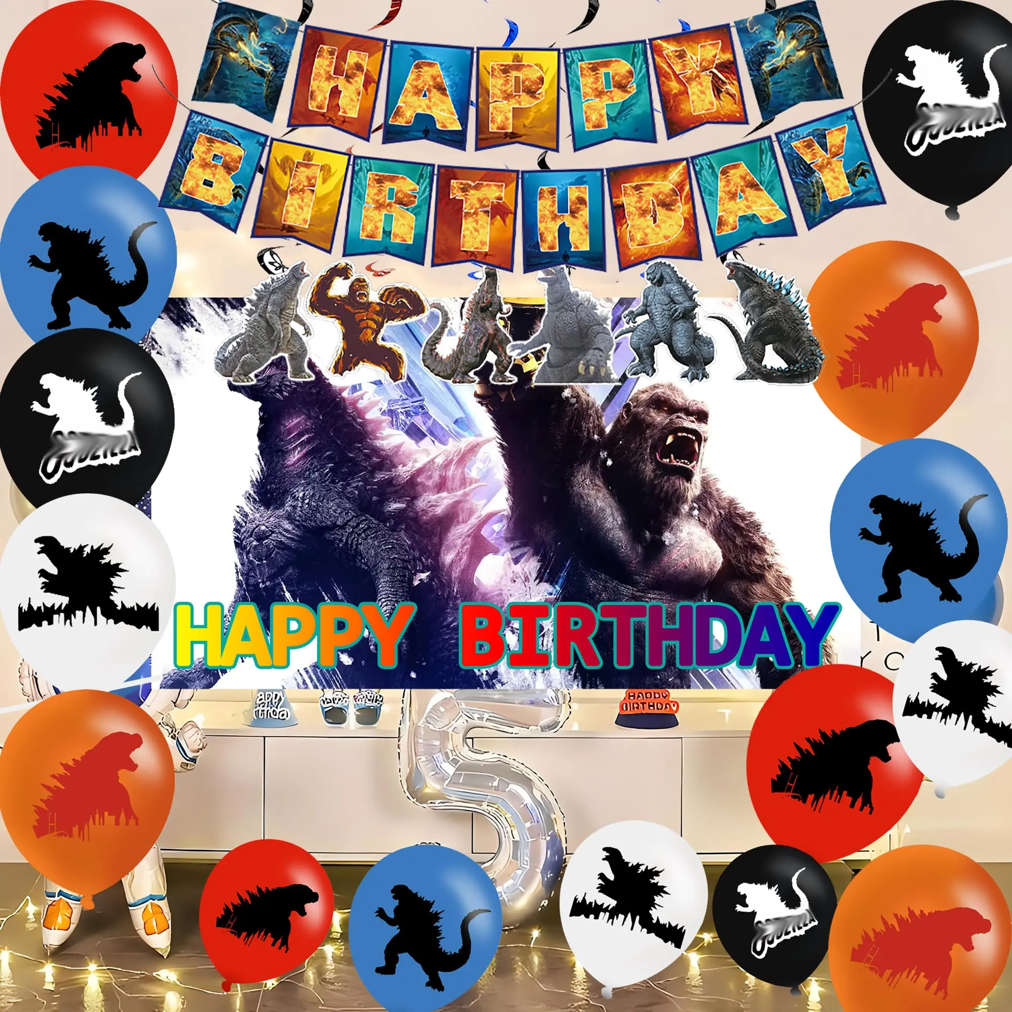 48pcs Godzilla Party Monster Party Decorations,Dinosaur Birthday Party Supplies Include Banner, 15 Balloons, Backdrop,Cake Toppers,24 Cupcake Toppers, 6 Hanging Swirls