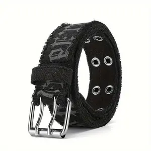 Funky Black Canvas Belt with Embossed Design for Men - Square Buckle, Regular Size