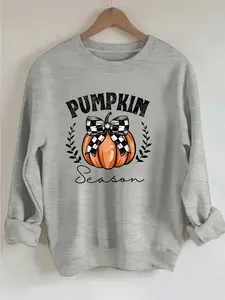 [Soft Pumpkin Sweater] Soft Women's Pumpkin Season Graphic Sweater  Fall Pumpkin Print Crewneck Pullover - Halloween & Thanksgiving Casual Sweatshirt - Machine Washable Everyday Sweater