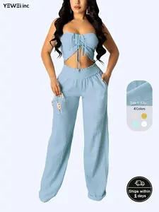 Two-Piece Preppy Set for Women - Shirred, Micro Elasticity, Sleeveless, Solid Color, Vacation Style - Perfect for Spring/Summer Fashion