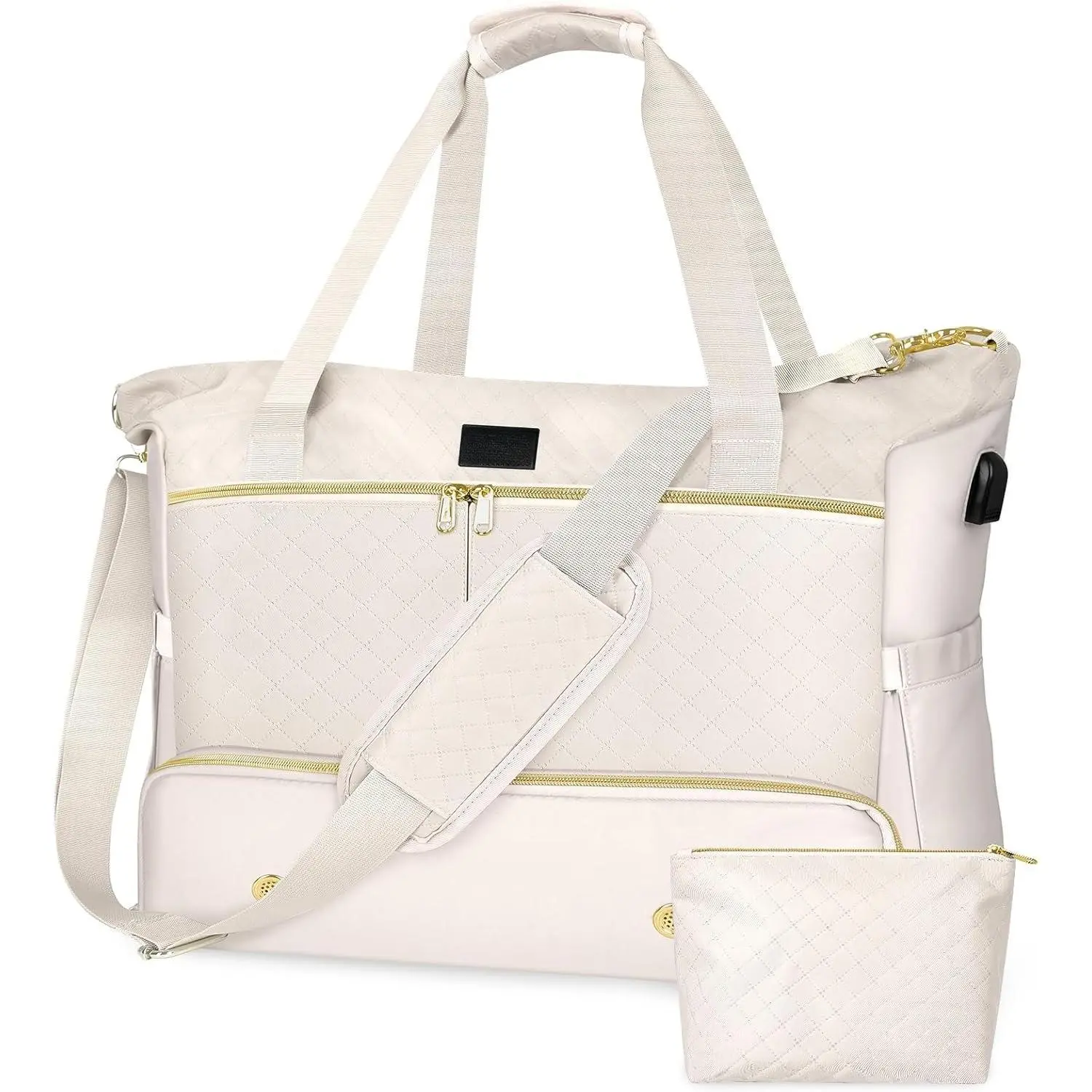 Weekender Overnight Bag for Women, Large Travel Duffel with Shoe Compartment, Wet Pocket, USB  Port, Carry- Gym Tote Bag (Beige)