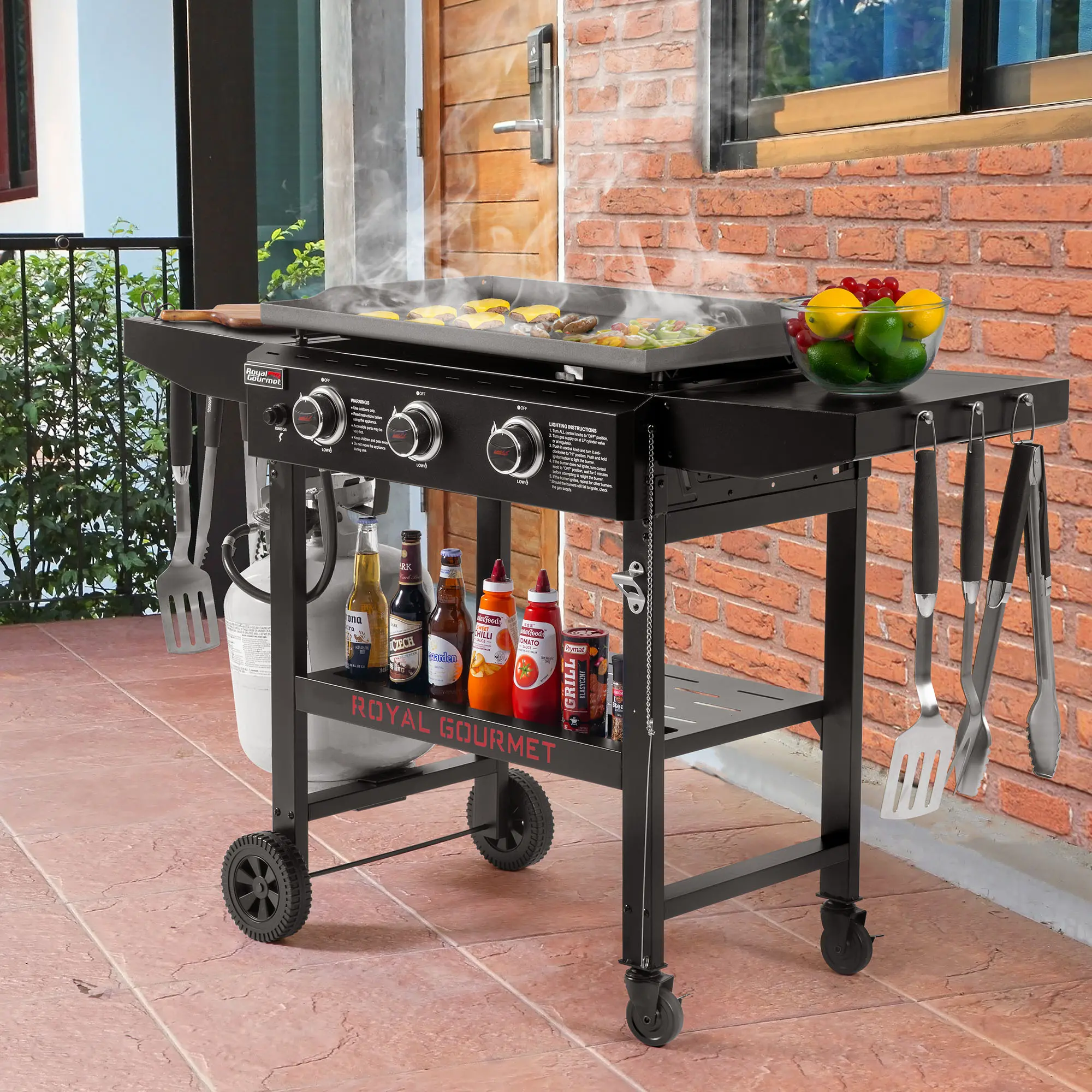 Royal Gourmet GB3000H 28-Inch 3-Burner Gas Griddle, 39,000 BTU Outdoor BBQ Flat Top Grill with Collapsible Side Shelves, 492 sq.in Cooking Area, Electronic Ignition, Portable Camping & Tailgating Griddle, Black