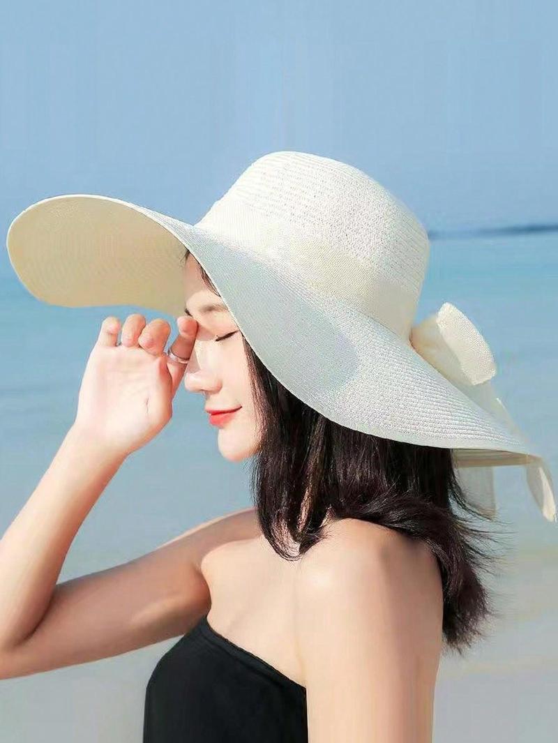 2025 New Extra Wide Brim Straw Hat, Women's Sun Protection Beach Hat, Summer Foldable Casual Elegant Polyester Bowknot Decor Hat, Suitable For Beach, Street, Spring/Summer