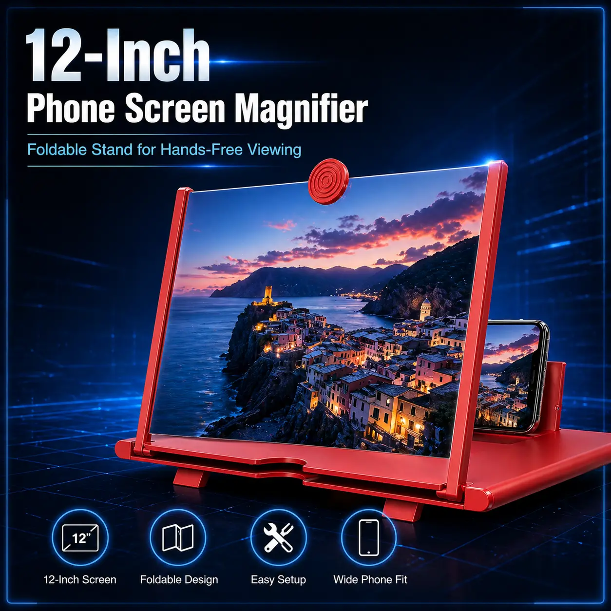 12" HD Anti-Glare Smartphone Magnifier Mount - Personal Theater, Cellphone Stand for Gaming & Streaming, Black (Exclusive Flash Sale Item)