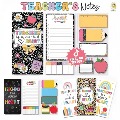 Teacher Sticky Notes Set, 440 Sheets in 11 Styles, Leopard Print “Teaching Is a Work of Heart” Memo Pads, Colorful Self-Stick Notes, Teacher Appreciation Gift for Classroom & Office