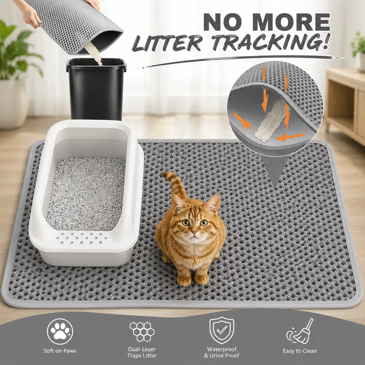 Large Cat Litter Box Pad Mat, 29.6x21.7 inches Honeycomb Double-Layer EVA, Leakproof Base, Comfortable and Durable Soft Paw Feel, Non-Slip, Easy to Clean, Hardwood Floor Protector, Litter Tracking Reducer, Reduces Tracking