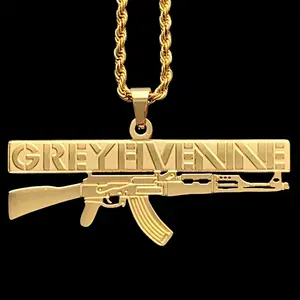 GREYFIVENINE AK-47 Necklace 1.5" Gold Plated Etched & Polished Stainless Steel G59 GREY59 Pendant Hypoallergenic Rust Resistant with Choice of Chain Suicideboys Free Gift Included