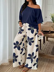 Weeklong Plus Size Women Vacation Solid Color Asymmetric Neck Shirt And Floral Print Wide Leg Pants Casual Suit