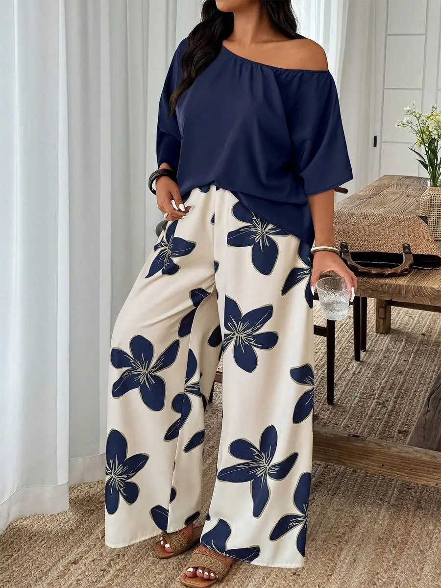 Women's Plus Size 2-Piece Pants Set, Boho Style Oversized Woven Fabric Outfit with Asymmetrical Neck Top and Multicolor Wide Leg Pants, Blouse, Bohemian, Plus Size Fashion, Elastane, Polyester Blend, Ramadan, Batwing, Bottom, Lady, Print, Sleeve