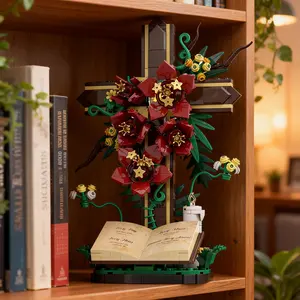 Jesus Cross with Burgundy Flower Building Set with Pray & Candle Base Faith and Love Gift for Christian, Decoration for  Church Office and Home