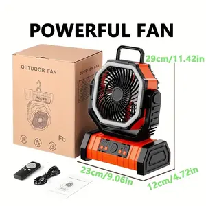 20,000mAh Camping Fan with Built-in Light—Featuring four adjustable LED brightness levels, powerful airflow, and ultra-long battery life. With its multi-speed settings and rotatable design, it is the ideal choice for tent camping and outdoor activities.