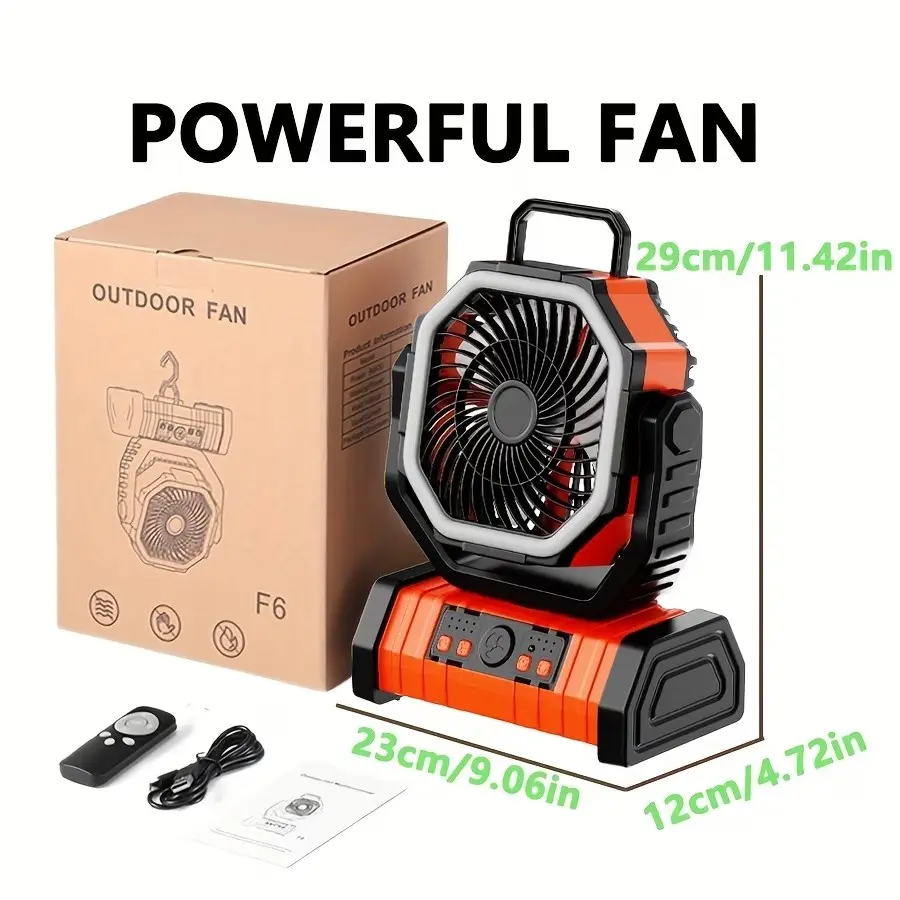 20,000mAh Camping Fan with Built-in Light—Featuring four adjustable LED brightness levels, powerful airflow, and ultra-long battery life. With its multi-speed settings and rotatable design, it is the ideal choice for tent camping and outdoor activities.