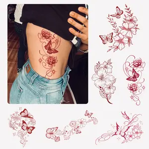 6-Sheet Large faketattoos For Women Girls Red Sketch Flower Butterfly Rose Snake LeavesWaterproof Tattoo Stickers, Sexy Flower Branch ArmClavicle Neck Leg Tattoo Art For Adults Floral