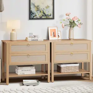 Boho Rattan bedside table Set of 2 – Modern Farmhouse Bedside Tables with 2 Drawers & Storage Shelf – Wide Night Stand for Bedroom – Classic Finish