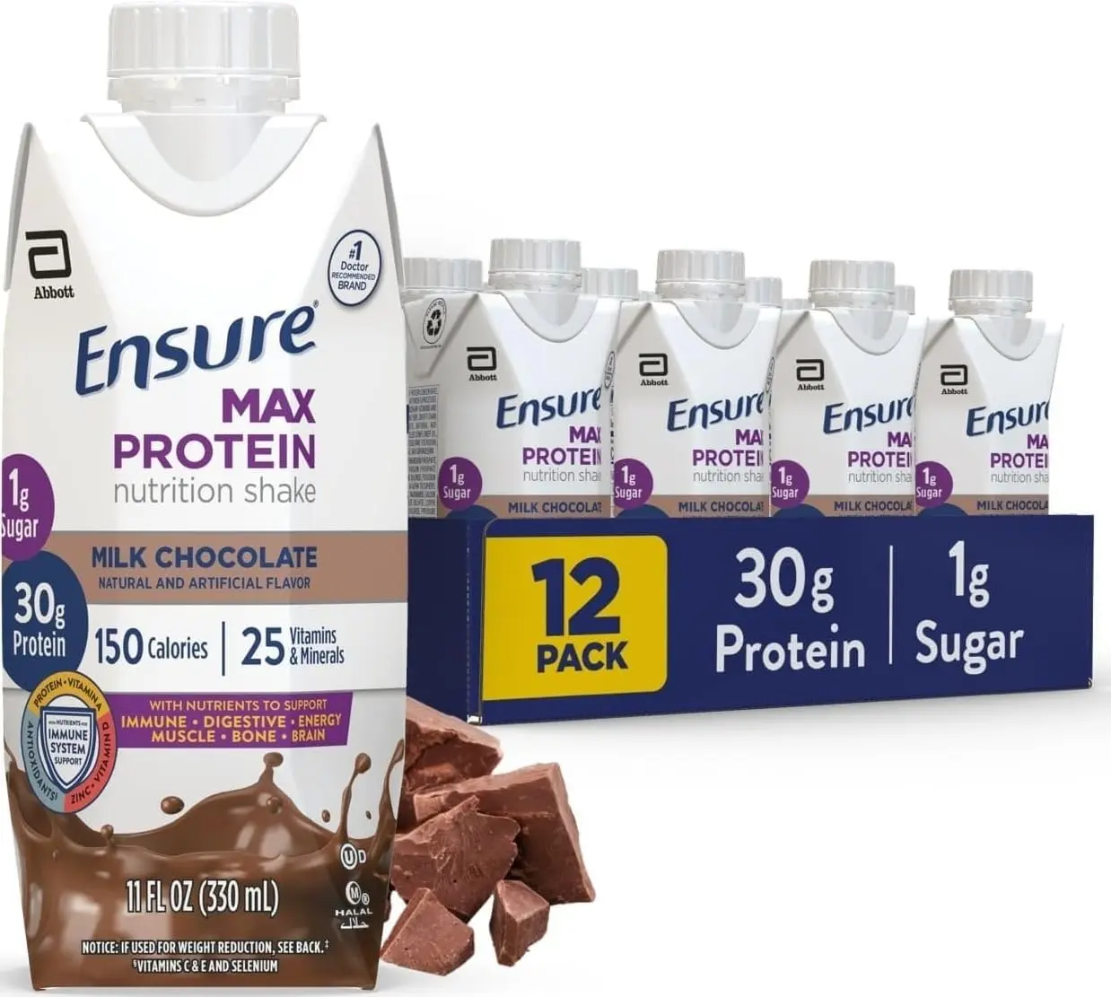 Protein Milk Chocolate Shake, 30g High Protein, 12 Pack | 30g Protein to Support Muscle Health & Manage Hunger for Adults, Each Protein Shake has 1g Sugar, 150 Calories, 4g Fiber
