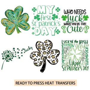 6 Pcs St. Patrick's Day Clover Heat Transfer Vinyl HTV Iron on Transfers for T Shirts Bags Clothes Washable Durable DIY Craft Supplies