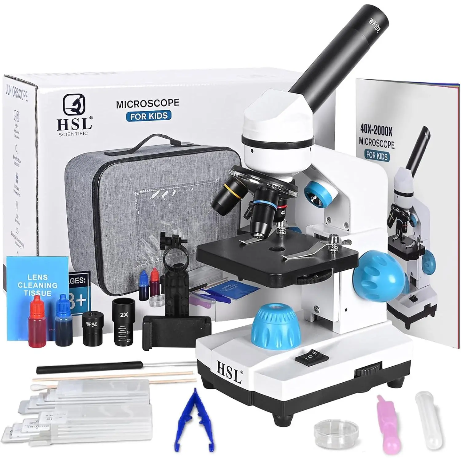 HSL Microscope, 40X-2000X Monocular for Adult Students Beginner Use LAD Set, Dual LED Phone Adapter Powerful Biological Microscope
