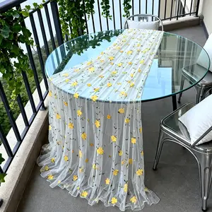 1pc Embroidered Yellow Flower Table Runner - Natural Style + Multiple Sizes Available + Washable, for Round/Long/Square Table, Dining Room/Living Room/Outdoor/Picnic/Camping/Backyard/Festival, Can be Used as Tablecloth/Curtain/Drape/Veil/Table Skirt