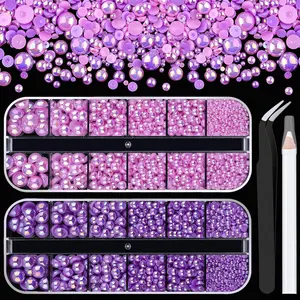 2 Boxes Flat Back Pearls Kit 19 Flatback Blue Series Half Round Pearls 2-8mm with Pickup Pencil and Tweezer for Home DIY and Professional Nail Art, Face Makeup and Craft springtok