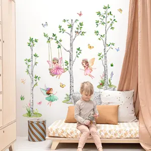 3Pcs/Set (3090cm3pcs) Cute Cartoon Elf Birch Tree Wall Sticker, Watercolor Forest Style Wall Decor Sticker
