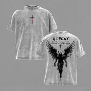 Repent Vintage Washed Oversized Christian T-Shirt, Angel Wings Faith Graphic Tee, “Kingdom of Heaven Has Come Near” Gospel Streetwear Top, Heavy Cotton Unisex Retro Worship Shirt Retro Double-Sided Water Wash T-Shirt