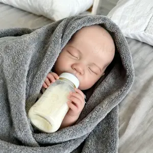 16-inch Realistic Reborn Baby Boy Doll - Levi, featuring an expressive open mouth, lifelike tongue and closed eyes with visible vein details.Adopted 3D painted light beige skin texture, comes with newborn outfit and feeding bottle.Suitable for kids and