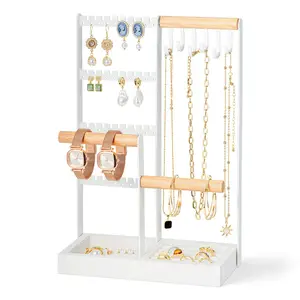 Jewelry Organizer Stand, 4 Tiers Earring Organizer with 84 Holes, 6 Hooks for Necklace Holder Organizer, Bracelet Watch Holder, Velvet Storage Area for Rings, Jewelry Tower Display - White