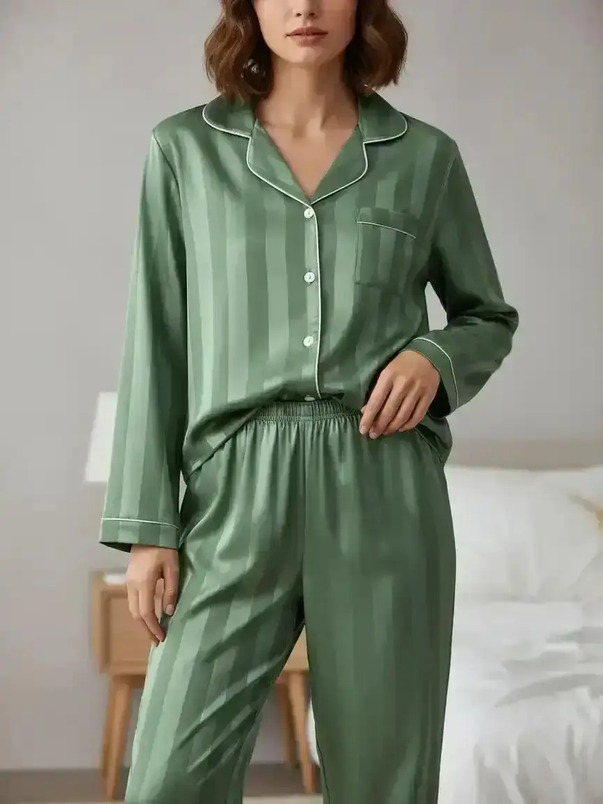 Women's Striped Satin Pajama Set, Soft Long Sleeve Button Front Shirt & Elastic Waist Pants, Comfortable Sleepwear Loungewear, Snuggle Ready, Nighttime Favorite, Comfy Wear, Casual Homewear, Soft Stretch, Lazy Day