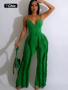 Two-Piece Set Women's Chic Solid Backless Cami Top & Tassel High Waist Pants Set, Summer Clothes Spaghetti Strap Top & Tie Front Wide Leg Trousers