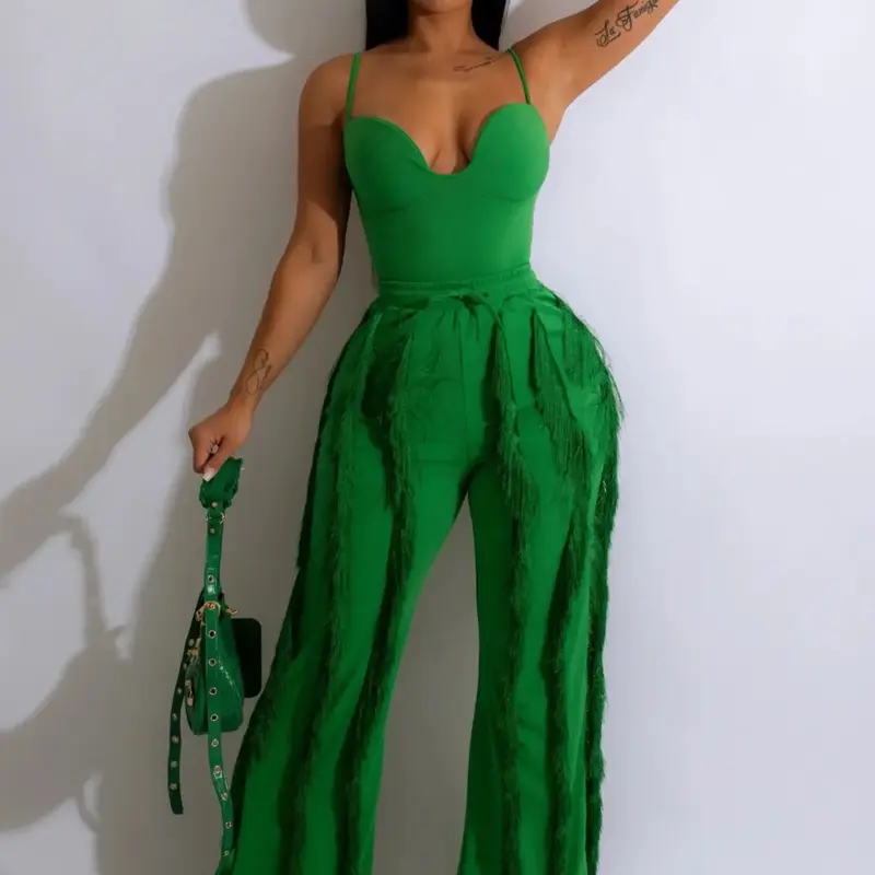Two-Piece Set Women's Chic Solid Backless Cami Top & Tassel High Waist Pants Set, Summer Clothes Spaghetti Strap Top & Tie Front Wide Leg Trousers, Going Out Sets