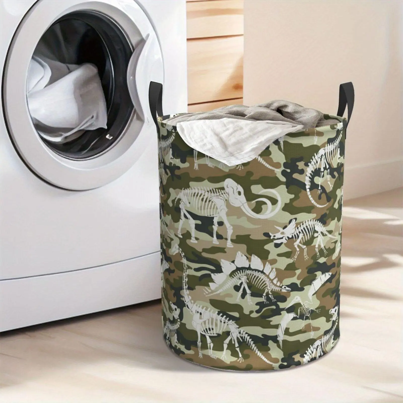 Dinosaur Skeleton Camo Laundry Hamper  Portable Storage Hamper with Sturdy Handle， Oxford Cloth， Easy to Store and Collapsible Design， Laundry Baskets