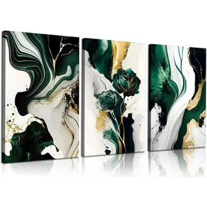 3Pcs Framed Emerald Green Wall Art Modern Green and Gold Abstract Marble Canvas Wall Art Paintings Prints Posters Wall Decor Pictures for Living Room Bedroom Office Home Decoration Ready to Hang Ornaments Artistic