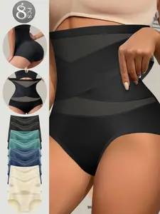 8PCS women's underwear, high waist shaping underwear, seamless seamless, comfortable breathable gauze splicing, suitable for daily leisure