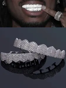 Hiphop Gold Grillz Full Diamond Teeth Grills Rapper Style Streetwear Trendy Personalized Jewelry Real Gold Plated Resin Material
