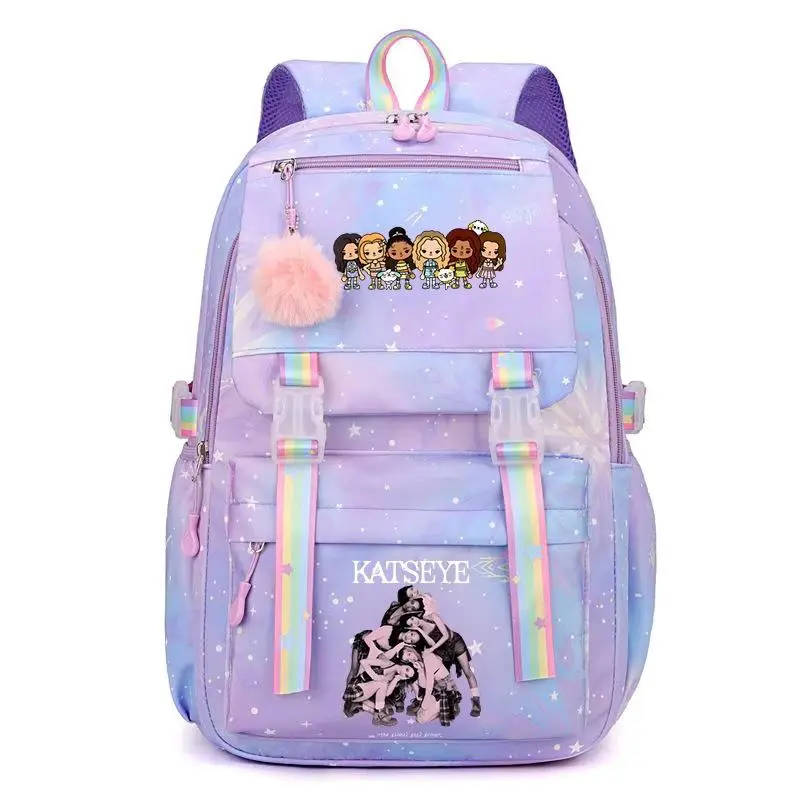 KATSEYES Cartoon & Portrait Print Galaxy Laptop Backpack Pastel Purple Rainbow Strap School Travel Daypack with Fluffy Pom Pom Charm