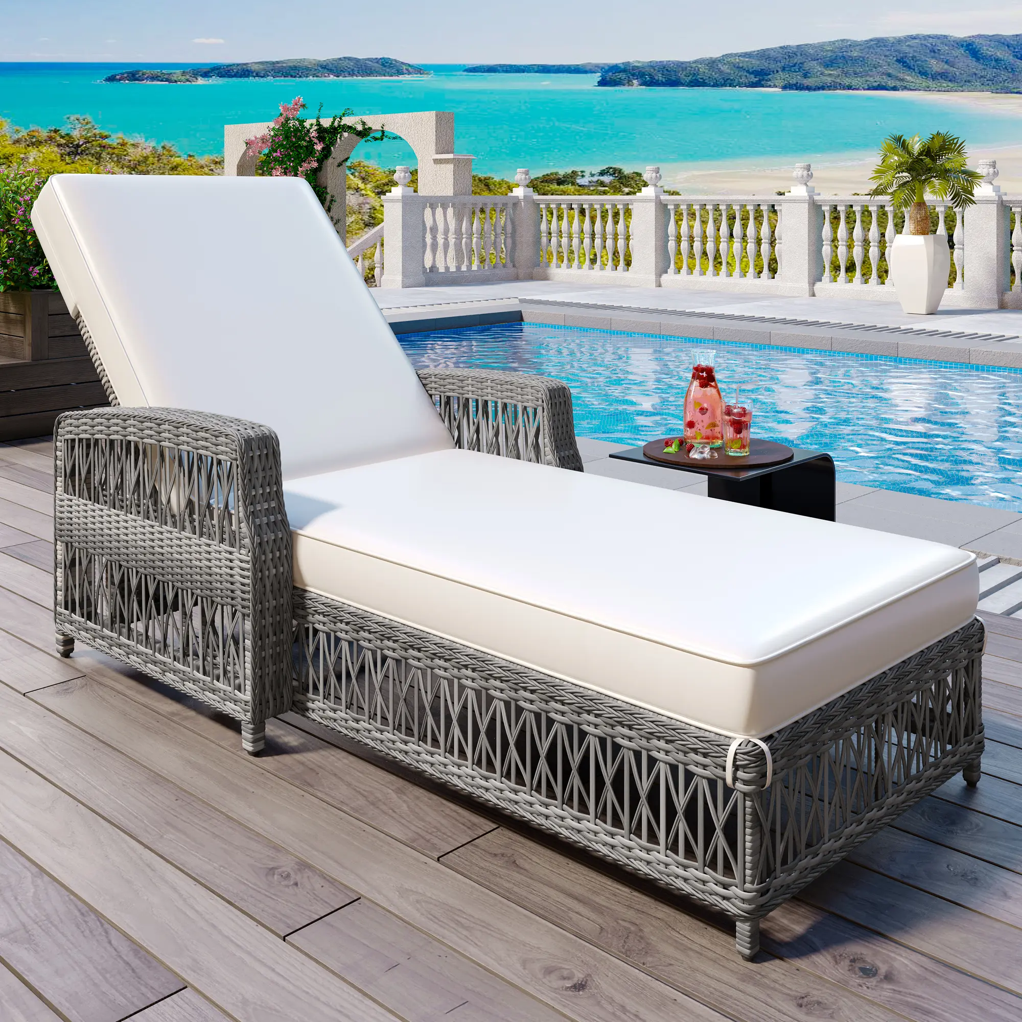 Eyisean 61" PE Wicker Outdoor Rattan Long Chaise Lounge, All Weather Patio Reclining Chaise with Adjustable Backrest & Feet, Comfy Pool Sunbathing Recliner with Soft Removable Cushion for Poolside