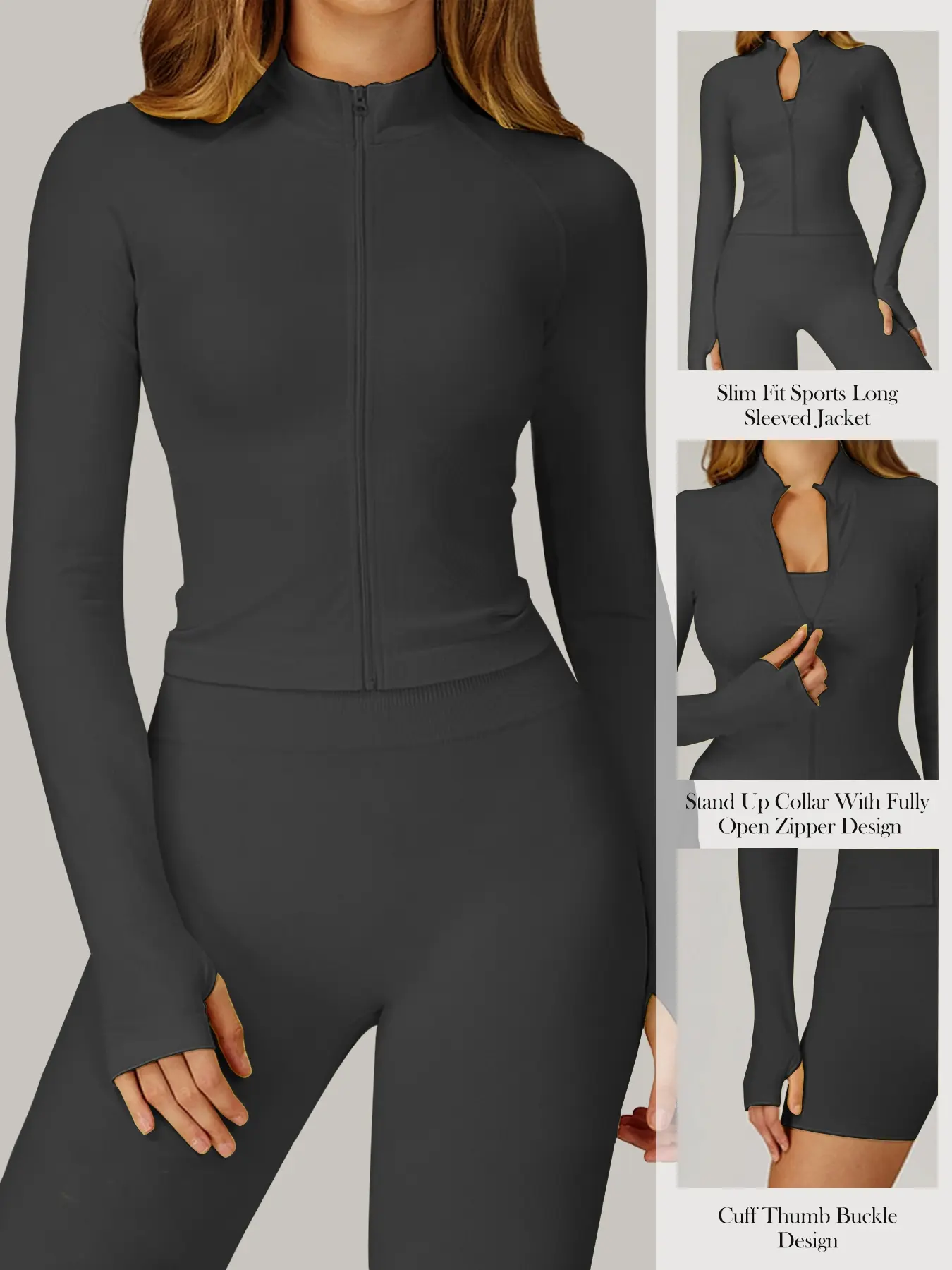 Women's sports jacket with full zip and thumbholes, the perfect choice for running and yoga. Stylish activewear, yoga top for workouts, running and cycling. Lightweight, figure-flattering long-sleeved cardigan-style fitted fitness wear.