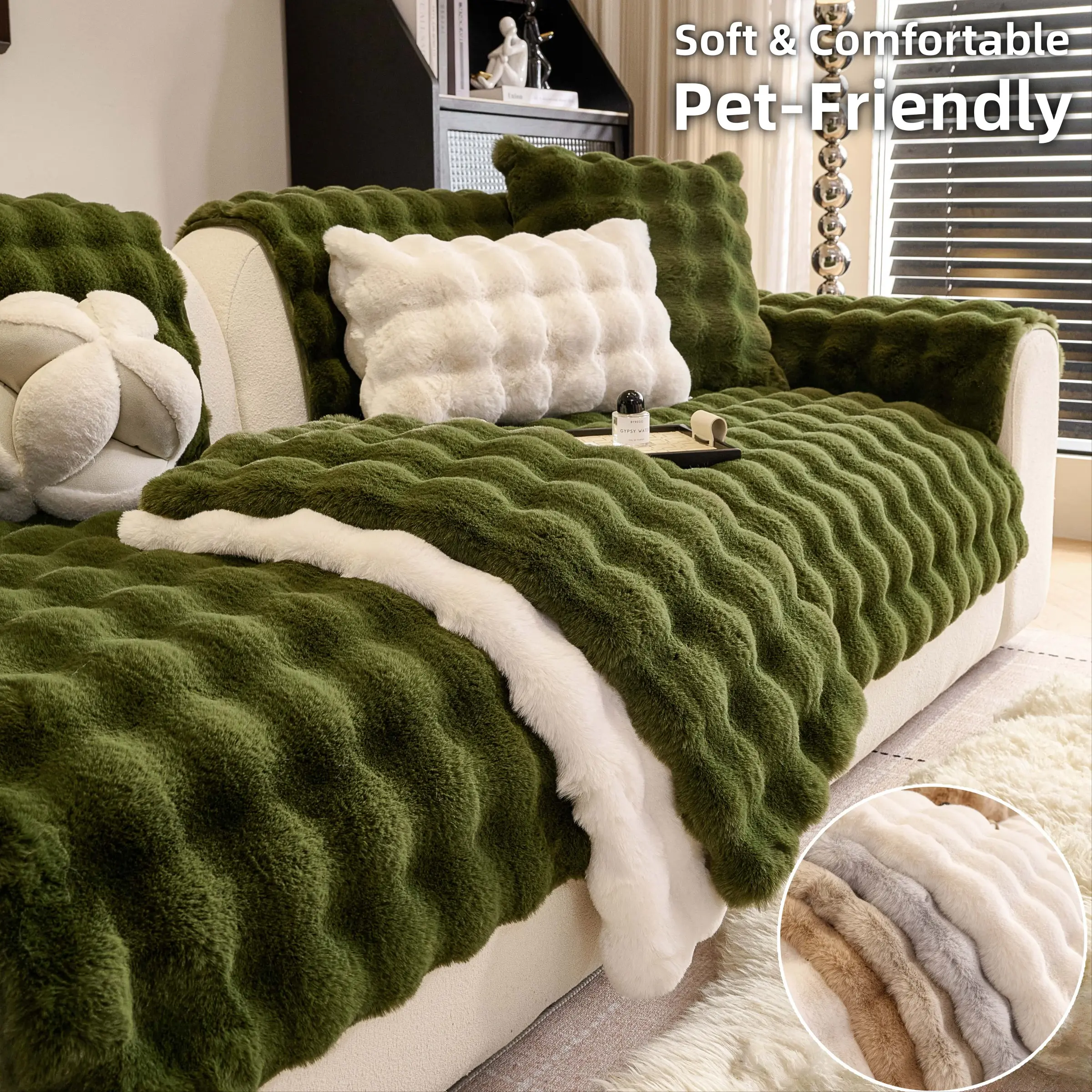 Thick Plush Couch Cover, Non-Slip Sofa Cover, Pet-Friendly Machine Washable Couch Protector, Couch Slipcover, Sofa Covers Washable, Anti-Scratch, Fits 1/2/3-Seater & L-Shape Sectional, Easy Install, Living Room Decor