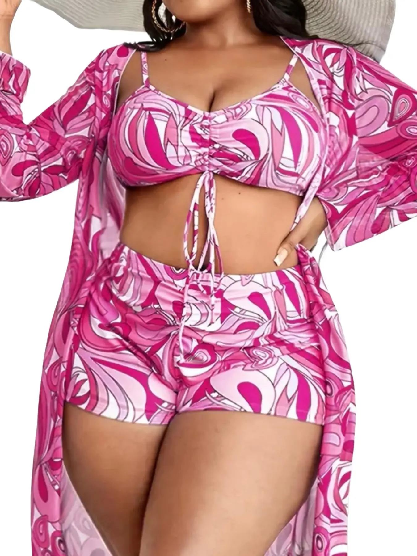 Plus Size All Over Print Swimsuit Set, Boho Ruched Swim Top & Swim Shorts & Long Sleeve Cover Up Set, Summer Outfits, Women's Three-piece Swimwear for Summer Beach, Paisley Print Swimsuit, Beach Holiday Swimsuit